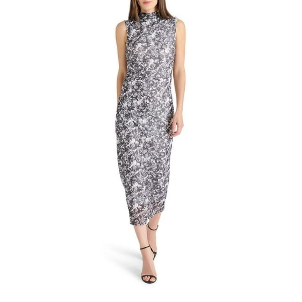 Betsey Johnson Floral Mesh Midi Dress Sleeveless Mock Neck Black White XL NWT